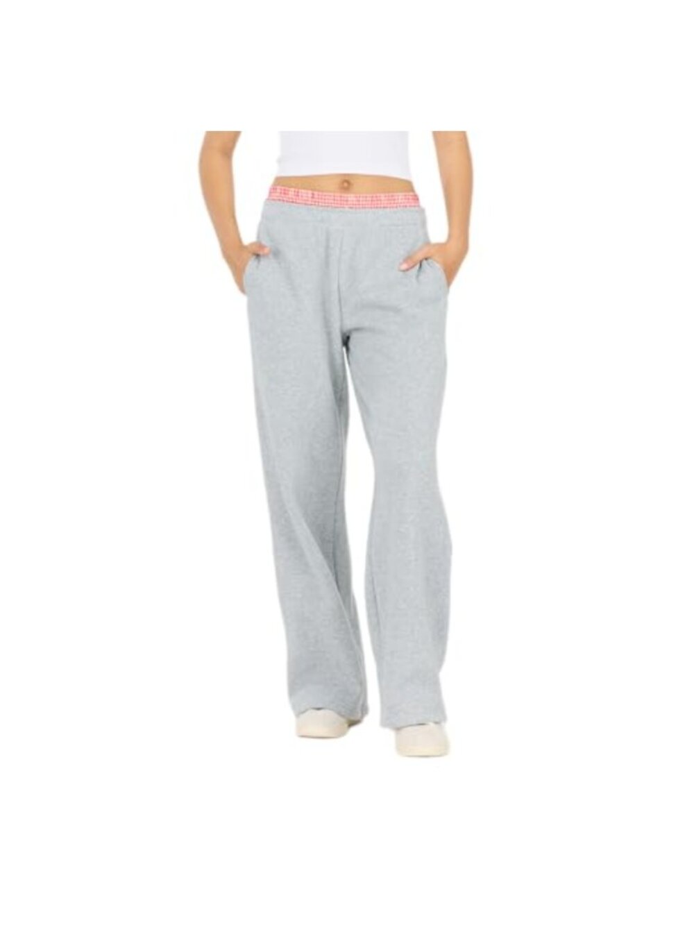 Wide-Leg Fleece Sweatpants Gingham Boxer Waistband Pull On
